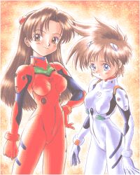 Rule 34 | 1990s (style), 2girls, arm at side, arms at sides, ayanami rei, ayanami rei (cosplay), blue eyes, blush, bodysuit, breasts, brown eyes, brown hair, closed mouth, cosplay, cowboy shot, dithering, dot mouth, expressionless, eyelashes, gloves, goto p, gradient background, hand on own hip, height difference, interface headset (evangelion), key the metal idol, kuriyagawa sakura, light smile, long hair, looking afar, looking ahead, looking at viewer, mecha pilot suit, medium breasts, mima tokiko, multiple girls, neon genesis evangelion, non-web source, orange background, parted bangs, pc-98 (style), pixel art, plugsuit (evangelion), red bodysuit, red gloves, retro artstyle, short hair, side-by-side, skin tight, small breasts, smile, souryuu asuka langley, souryuu asuka langley (cosplay), spiked hair, standing, white bodysuit, white gloves