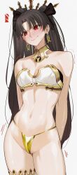 1girl absurdres armlet bare_shoulders black_hair blush breasts earrings fate/grand_order fate_(series) gold_panties hair_ribbon highres hoop_earrings ishtar_(fate) jewelry kamisato_sora long_hair long_legs looking_at_viewer medium_breasts midriff multiple_girls navel neck_ring open_mouth parted_bangs red_eyes ribbon single_thighhigh smile solo thighhighs tiara two_side_up