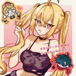 1boy 2girls alice_thymefield animal_ears black_shirt blue_hair blush chibi crop_top hair_between_eyes hand_in_own_hair heterochromia highres lighter_(zenless_zone_zero) long_hair luciana_de_montefio multiple_girls natsushiro_piyo off_shoulder open_mouth red_scarf scarf shirt short_hair sunglasses twintails yellow_eyes zenless_zone_zero