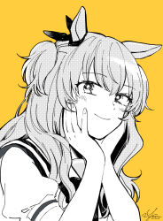 1girl animal_ears bow closed_mouth ear_bow elbow_rest greyscale_with_colored_background head_rest highres horse_ears light_blush long_hair looking_at_viewer mayano_top_gun_(umamusume) puffy_short_sleeves puffy_sleeves sailor_collar shirt short_sleeves signature smile solo twitter_username two_side_up umamusume upper_body yonu_(yonurime)