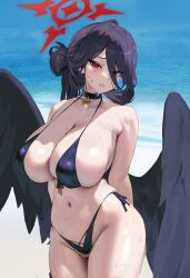 1girl absurdres arms_behind_back bare_shoulders bikini black_bikini black_choker black_hair black_wings blue_archive blush breasts choker cleavage commentary cowboy_shot day feathered_wings front-tie_bikini_top front-tie_top glint hair_between_eyes halo hasumi_(blue_archive) hasumi_(swimsuit)_(blue_archive) highleg highleg_bikini highres huge_breasts long_hair_between_eyes looking_at_viewer low_wings nankam76 navel ocean official_alternate_costume outdoors oversized_wings parted_lips pendant_choker red_eyes red_halo shiny_skin side-tie_bikini_bottom skindentation solo standing swimsuit water water_drop wet wings