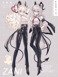 Rule 34 | 1girl, ao (ao0 0nemu), arm strap, armband, arms up, black armband, black choker, black gloves, black horns, black jacket, black pants, black shoes, black tail, blonde hair, breasts, bright pupils, button gap, chest harness, choker, commentary, curled horns, dated, demon tail, earrings, fire, flame-tipped tail, full body, gloves, grey hair, hair between eyes, hand on own hip, harness, hashtag-only commentary, highres, horns, jacket, jacket on shoulders, jewelry, key earrings, large breasts, long hair, looking at viewer, mole, mole on breast, multiple views, pangu terminal (wuthering waves), pants, red eyes, shirt, shirt tucked in, shoes, tail, tight clothes, tight pants, torn clothes, torn shirt, white pupils, white shirt, wuthering waves, zani (wuthering waves)