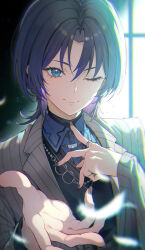 1girl ;) black_sweater blue_eyes blue_hair blue_shirt collared_shirt commentary_request curtained_hair grey_jacket highres hiodoshi_ao hiodoshi_ao_(1st_costume) hololive hololive_dev_is indoors jacket kakage looking_at_viewer medium_hair mole mole_under_mouth one_eye_closed pinstripe_jacket pinstripe_pattern shirt smile solo suit_jacket sweater upper_body v-neck virtual_youtuber wolf_cut