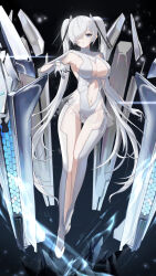 1girl absurdres armpit_cutout black_background blue_eyes bodysuit breasts cinderella_(nikke) cleavage clothing_cutout commentary expressionless full_body gimyogi gloves gluteal_fold goddess_of_victory:_nikke hair_ornament hair_over_one_eye highres large_breasts leg_cutout long_hair looking_at_viewer navel see-through_clothes see-through_skirt simple_background skirt solo stomach_cutout twintails white_bodysuit white_hair