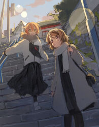 2girls absurdres bag black_dress black_pantyhose black_skirt brown_hair brown_scarf cloud coat commentary_request dress evening grey_coat highres hoshizora_rin jacket koizumi_hanayo long_sleeves looking_at_viewer love_live! love_live!_school_idol_project multiple_girls naarann on_stairs open_mouth outdoors pantyhose pink_eyes pink_sky scarf shoes short_hair shoulder_bag skirt sky smile stairs sunlight white_jacket white_scarf white_shoes winter_clothes yellow_eyes
