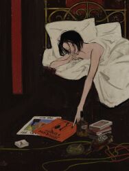 1girl absurdres alcohol artist_request ashtray bed bed_frame bed_sheet bedroom black_hair black_nail_polish black_nails cable cigarette cigarette_butt cigarette_pack closed_eyes collarbone eyelashes female_focus fingernails highres liquid medium_hair nail_polish nana_(series) osaki_nana outstretched_arm painting_(medium) pillow record bed_sheet smoking solo topless_female traditional_media vinyl whiskey