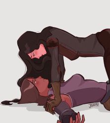 2girls all_fours artist_name asami_sato avatar_legends black_hair blush breasts brown_hair closed_mouth dark-skinned_female dark_skin eye_contact hair_over_shoulder highres jivarte korra long_hair looking_at_another lying multiple_girls on_back shadow the_legend_of_korra yuri