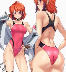 Rule 34 | 1girl, armpits, ass, back cutout, bare shoulders, blush, breasts, brown gloves, clothing cutout, commission, competition swimsuit, contrapposto, covered navel, fingerless gloves, gloves, gradient hair, grey jacket, highleg, highleg one-piece swimsuit, highres, ibis douglas, jacket, looking at viewer, medium breasts, multicolored hair, multicolored swimsuit, multiple views, off shoulder, one-piece swimsuit, open clothes, open jacket, orange hair, pink eyes, pink hair, pink one-piece swimsuit, pixiv commission, revision, short hair, signature, simple background, super robot wars, super robot wars original generation, swimsuit, thighs, white background, yoo tenchi