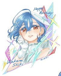 1girl artist_name blue_dress blue_hair blush character_name commentary_request cropped_torso crossed_bangs dress gloves hair_between_eyes hair_ornament happy_birthday love_live! love_live!_superstar!! official_alternate_costume orange_eyes short_hair short_sleeves solo sparkle special_color_(love_live!) tsubaki_no_shioyaki wakana_shiki white_dress white_gloves x_hair_ornament