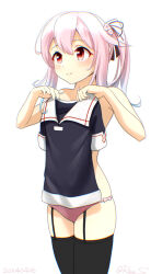 Rule 34 | 1girl, black serafuku, black shirt, black thighhighs, blue hair, clothes in front, cowboy shot, garter straps, gradient hair, hair flaps, harusame (kancolle), kantai collection, long hair, multicolored hair, one-hour drawing challenge, panties, pink hair, pink panties, ray.s, red eyes, sailor collar, sailor shirt, school uniform, serafuku, shirt, side ponytail, simple background, solo, thighhighs, topless female, underwear, underwear only, white background, white sailor collar