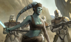 1girl 4boys aayla_secura alien armor blue_lightsaber blue_skin breasts brown_pants brown_shirt cleavage clone_trooper colored_skin commander_bly crop_top day energy_sword green_eyes gun helmet holding holding_gun holding_sword holding_weapon jedi jiwon_kim lekku_(anatomy) lightsaber medium_breasts midriff multiple_boys navel outdoors pants shirt single_sleeve star_wars sword twi&#039;lek weapon white_armor white_helmet