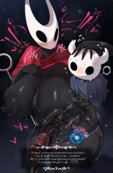 ! !! 1boy 1girl absurdres age_difference bar_censor black_skin blush breasts censored colored_skin dialogue_box english_text erection heart highres hollow_knight hornet_(hollow_knight) huge_breasts huge_penis knight_(hollow_knight) large_penis looking_at_viewer nipples penis peterhl pussy shota size_difference surprised sweat testicles veins veiny_penis