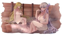 2girls absurdres albion_(azur_lane) azur_lane bare_shoulders blue_eyes braid breasts bucket bug butterfly butterfly_hair_ornament cleavage collarbone commentary de_zeven_provincien_(azur_lane) elf feet_out_of_frame green_eyes green_hair hair_ornament hand_on_own_chest highres holding holding_own_hair insect large_breasts light_smile long_hair long_pointy_ears looking_at_viewer lynumuart multiple_girls naked_towel onsen pointy_ears purple_butterfly purple_hair sitting towel very_long_hair wading water wooden_bucket