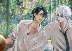 2boys alternate_costume ball basketball basketball_(object) black_hair black_necktie blue_eyes brown_eyes cheng_xiaoshi collarbone collared_shirt day eye_contact fence hair_between_eyes highres holding holding_ball hukusaya looking_at_another lu_guang male_focus multiple_boys necktie open_collar open_mouth outdoors ponytail shiguang_dailiren shirt short_hair short_ponytail sleeves_rolled_up sweat teeth twitter_username upper_body wet wet_clothes white_hair white_shirt yaoi