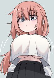 1girl akitokage black_skirt blue_eyes breasts highres huge_breasts large_breasts long_hair looking_at_viewer michinoku_komaro no_bra oppai_loli pink_hair pleated_skirt school_uniform seitokai_ni_mo_ana_wa_aru! serafuku shirt simple_background skirt underboob white_serafuku white_shirt