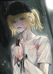 1girl bang_dream! bang_dream!_it&#039;s_mygo!!!!! baseball_cap black_hat blonde_hair blood blood_on_clothes blood_on_face blood_on_hands commentary crying crying_with_eyes_open hair_between_eyes hat highres holding holding_knife knife looking_at_viewer misumi_uika open_mouth ponytail rain shirt short_hair short_ponytail short_sleeves sidelocks siy_(shengxiu760722) solo tears white_shirt