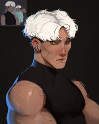 Rule 34 | 1boy, black background, crew neck, curly hair, earrings, highres, hoop earrings, jewelry, mole, mole under eye, muscular, muscular male, orange eyes, original, reference inset, sam yang, short hair, simple background, stud earrings, upper body, veins, white hair