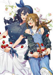 Rule 34 | 2girls, 404no2929, :d, alternate hairstyle, basket, black shirt, blush, bow hairband, braid, breasts, brown eyes, brown hair, collared shirt, commentary request, flower, flower button, food, frilled shirt, frilled sleeves, frills, fruit, hair ribbon, hairband, half updo, heart, holding, holding basket, large breasts, layered clothes, long hair, looking at another, looking up, miya (404no2929), multiple girls, off shoulder, open clothes, open mouth, open shirt, original, overalls, plaid clothes, plaid shirt, ponytail, purple eyes, ribbon, shion (404no2929), shirt, side braid, skirt basket, skirt hold, smile, strawberry, strawberry plant, tank top, white background, white tank top, yuri