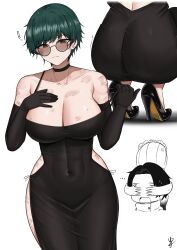 ! ... 1boy 1girl 1other absurdres anger_vein armpit_crease artist_logo ass ass_focus backless_dress backless_outfit bare_shoulders black_choker black_dress black_footwear black_gloves blush breasts brown_eyes burn_scar chibi choker cleavage closed_mouth clothing_cutout collarbone covered_abs covered_navel covering_another&#039;s_eyes cowboy_shot dress elbow_gloves evening_gown gloves green_hair high_heels highres huge_ass jujutsu_kaisen large_breasts logo looking_at_viewer low_neckline multiple_views okkotsu_yuuta open_mouth orimoto_rika round_eyewear scar scars_all_over short_hair side-tie_dress side_cutout simple_background sleeveless sleeveless_dress spaghetti_strap squatting standing strap_slip sunglasses sweat swept_bangs taut_clothes taut_dress thick_thighs thighs tight_clothes tight_dress toned toned_female too_many white_background wide_hips yukaraishin zen&#039;in_maki