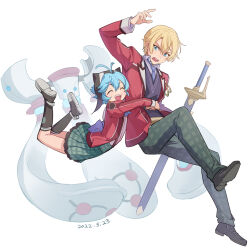Rule 34 | 1boy, 1girl, 1other, ahoge, airgetlam (kiseki), back bow, blue eyes, blue necktie, bow, closed eyes, dated, double-parted bangs, eiyuu densetsu, feng you, hair between eyes, hat, holding, holding sword, holding weapon, hug, hug from behind, jusis albarea, millium orion, necktie, open mouth, school uniform, sen no kiseki (series), sen no kiseki i, short hair, simple background, skirt, smile, sword, thors military academy class vii uniform, weapon, white background