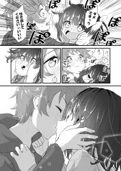 1boy 1girl absurdres black_hair blush comic gran_(granblue_fantasy) granblue_fantasy greyscale hamioura hand_on_another&#039;s_cheek hand_on_another&#039;s_face hands_on_another&#039;s_cheeks hands_on_another&#039;s_face hetero highres hitting hood hoodie kiss monochrome sparkle surprise_kiss surprised t_t teardrop translated vikala_(granblue_fantasy)