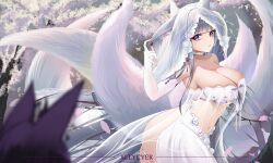 2girls animal_ear_fluff animal_ears artist_name ass ass_cutout azur_lane bare_shoulders blue_eyes blue_hair breasts bridal_gauntlets bridal_veil chinese_commentary clothing_cutout collarbone commentary_request cosplay cowboy_shot dress falling_petals fox_ears fox_girl fox_tail highres kitsune kyuubi large_breasts long_hair multiple_girls multiple_tails musashi_(azur_lane) musashi_(azur_lane)_(cosplay) musashi_(purest_wisteria)_(azur_lane) navel outdoors petals purple_hair revealing_clothes shinano_(azur_lane) sideless_dress tail veil very_long_hair wedding_dress white_bridal_gauntlets white_dress white_tail xllycyer