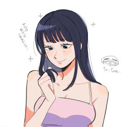 1girl black_hair blue_eyes blunt_bangs blush camisole closed_mouth commentary eyelashes highres holding holding_own_hair long_hair mecuru_mecu nico_robin one_piece simple_background smile solo sparkle upper_body white_background