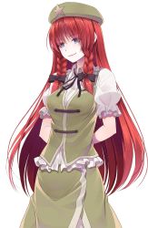 1girl arms_behind_back blue_eyes bow braid chinese_clothes crote female_focus hair_bow hair_ornament hat highres hong_meiling long_hair puffy_sleeves red_eyes shirt short_sleeves simple_background skirt skirt_set smile solo star_(symbol) touhou transparent_background twin_braids vest white_background