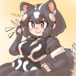 1girl animal_ears black_eyes black_hair black_vest blush breasts clenched_hand closed_mouth commentary_request elbow_gloves extra_ears fingerless_gloves gloves grey_gloves grey_shirt grey_skirt highres kemono_friends large_breasts multicolored_hair necktie niboshi_(niboshi_aruku) notice_lines pleated_skirt shirt short_hair short_sleeves simple_background skirt skunk_ears skunk_girl skunk_tail smile solo spotted_skunk_(kemono_friends) tail two-tone_hair upper_body v vest white_hair white_necktie yellow_background