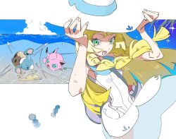1girl beach blonde_hair blue_sky cloud dress fighting gen_1_pokemon gen_7_pokemon green_eyes hat highres himuro_yukichiko jigglypuff komala lillie_(pokemon) long_hair nintendo ocean palm_leaf pen pokemon pokemon_(anime) pokemon_(creature) pokemon_sm pokemon_sm056 pokemon_sm_(anime) rare_candy sky summer sun_hat sundress white_background