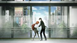 Rule 34 | 2015, beard stubble, belt, black hair, black jacket, black pants, black pantyhose, black shoes, brown skirt, clenched hands, collared shirt, facial hair, game cg, hair over eyes, height difference, high-waist skirt, high heels, highres, huke, jacket, long hair, long sleeves, non-web source, official art, okabe rintarou, okabe rintarou (beta), open mouth, outdoors, pants, pantyhose, red hair, shiina kagari, shirt, shoes, short hair, skirt, standing, steins;gate, steins;gate 0, stubble, white shirt, white shoes