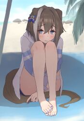 Rule 34 | 1girl, ??! (user xkkz3255), animal ears, barefoot, beach, beach towel, blue eyes, blue nails, blush, brown hair, cheval grand (summer calm navy drop) (umamusume), cheval grand (umamusume), closed mouth, commentary request, day, ears down, feet, hair between eyes, highres, hood, hooded jacket, horse ears, horse girl, horse tail, hugging own legs, jacket, legs, long sleeves, multicolored hair, nail polish, ocean, official alternate costume, outdoors, palm tree, sand, solo, streaked hair, tail, textless version, thigh strap, toenail polish, toenails, towel, tree, umamusume, water, white hair, white jacket
