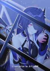 1girl acheron_(honkai:_star_rail) artist_name black_choker black_gloves breasts choker cleavage commentary_request criss-cross_halter eating food fruit gloves hair_ornament hair_over_one_eye halterneck highres holding holding_food holding_fruit honkai:_star_rail honkai_(series) katana large_breasts long_hair peach purple_eyes purple_hair scabbard sheath sheathed single_bare_shoulder sitting solo srpzk sword very_long_hair weapon