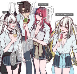 1boy 3girls :q baobhan_sith_(fate) black_choker black_hair blonde_hair blush bra bra_peek breasts check_translation choker cleavage clothes_around_waist collared_shirt commentary_request demon_horns earrings fang fate/grand_order fate_(series) food fujimaru_ritsuka_(male) grey_eyes growthdoll gyaru highres holding holding_food holding_ice_cream horns ice_cream jacket jacket_around_waist jewelry large_breasts lilith_(fate) long_hair looking_at_another marie_antoinette_(fate) marie_antoinette_alter_(fate) multicolored_hair multiple_girls necktie open_mouth parted_lips partially_unbuttoned pink_nails pleated_skirt pointy_ears red_bra red_hair red_necktie shirt short_hair simple_background skirt sleeves_rolled_up speech_bubble standing streaked_hair tongue tongue_out translation_request underwear very_long_hair white_background white_hair white_shirt yellow_eyes