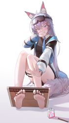 Rule 34 | 1girl, absurdres, animal ear fluff, animal ears, bare legs, barefoot, black shorts, blush, commission, feet, goggles, goggles on head, gradient background, grey hair, hair ornament, highres, long hair, looking at viewer, lying, on side, original, shadow, shorts, soles, solo, tail, toes, variant set, very long hair, zhenli-mari