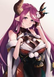 1girl autumn_boar bad_id bad_pixiv_id breasts cowboy_shot gloves granblue_fantasy hair_ornament highres horns long_hair looking_at_viewer narmaya_(granblue_fantasy) narmaya_(holiday)_(granblue_fantasy) pointy_ears purple_eyes purple_hair simple_background solo very_long_hair