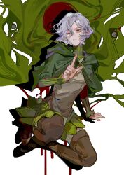 1boy absurdres bags_under_eyes black_eyes blood boots cloak dungeon_meshi elf gorget green_cloak green_shirt grey_hair highres hood hooded_cloak lazy_eye long_sleeves looking_up male_focus mithrun notched_ear pointy_ears shirt short_hair shuiyemusan solo thigh_boots tunic uneven_eyes wavy_hair white_background