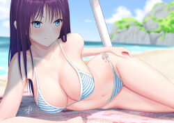 1girl bare_arms bare_shoulders beach bikini blue_bikini blue_eyes blue_sky blurry blurry_background blush breasts chinese_commentary cleavage closed_mouth collarbone day hand_on_own_thigh highres horizon large_breasts light_smile long_hair looking_at_viewer lying navel ocean on_side original outdoors parasol purple_hair shadow side-tie_bikini_bottom sky solo stomach string_bikini striped_bikini striped_clothes swimsuit towel umbrella water wcks0774