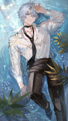 Rule 34 | 1boy, absurdres, afloat, antenna hair, black necktie, black pants, black shoes, blue eyes, collared shirt, commentary request, highres, honkai: star rail, honkai (series), long sleeves, male focus, maria (maria rose), necktie, pants, parted bangs, partially submerged, partially unbuttoned, pectoral cleavage, pectorals, phainon (anan) (honkai: star rail), phainon (honkai: star rail), see-through clothes, see-through shirt, shirt, shoes, short hair, solo, wet, wet clothes, wet hair, wet shirt, white hair, white shirt
