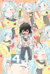 Rule 34 | 1boy, 1girl, :3, ai the somnium files, ai the somnium files: nirvana initiative, black dress, black eyes, black hair, black pants, blue hair, blush, chocolate, closed eyes, closed mouth, dress, enda shouma, full-face blush, gebodyabo, grey vest, grin, headphones, heart, highres, long hair, long sleeves, multiple views, okiura mizuki, orange background, pants, pink bag, ponytail, shirt, smile, sweat, valentine, vest, white shirt