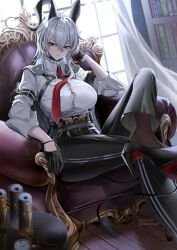 1girl ahoge armband belt black_armband black_belt black_gloves black_horns black_pants bookshelf breasts button_gap can chair chest_harness cleavage collar collared_shirt commentary crossed_legs curled_horns curtains demon_tail dress_shirt earrings energy_drink english_commentary frilled_collar frills gloves grey_hair half_gloves harness high-waist_pants high_heels highres hiroki_(hirokiart) horns indoors jacket jacket_on_shoulders jewelry key_earrings large_breasts medium_hair necktie pants quilted_cape red_eyes red_necktie shirt sidelocks sitting sleeves_rolled_up solo table tail tight_clothes tight_pants white_shirt window wooden_floor wuthering_waves zani_(wuthering_waves)