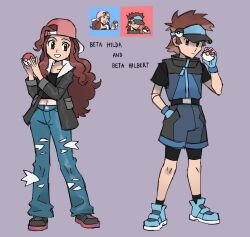 1boy 1girl 2024_pokemon_teraleak backwards_hat baseball_cap bike_shorts bike_shorts_under_shorts black_jacket black_visor crop_top grey_background hat highres hilbert_(pokemon)_(winonaparadise) hilda_(pokemon)_(winonaparadise) holding holding_poke_ball jacket mullet nintendo pants pink_hat poke_ball poke_ball_(basic) poke_ball_print pokemon pokemon_bw reference_inset shorts skipppppy sleeveless sleeveless_jacket torn_clothes torn_pants visor_cap