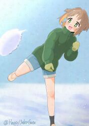1girl :d absurdres adversarial_noise artist_name bare_legs black_socks blue_shorts blush brown_eyes colored_inner_hair commentary diamond-shaped_pupils diamond_(shape) fang green_eyes green_jacket green_mittens hair_intakes happyundergate highres jacket long_sleeves mittens multicolored_hair oka_asahi onii-chan_wa_oshimai! open_mouth orange_eyes short_hair short_shorts shorts smile snow snowball snowing socks solo standing standing_on_one_leg symbol-shaped_pupils twitter_username two-tone_hair two_side_up watermark winter