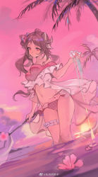 1girl ahoge animal_ears arknights bikini brown_hair chinese_commentary eyjafjalla_(arknights) eyjafjalla_(summer_flower)_(arknights) flower highres holding holding_staff horns long_hair looking_at_viewer midriff navel nianbingzi off-shoulder_bikini off_shoulder official_alternate_costume palm_tree pink_bikini pink_eyes pink_flower pink_sky pink_theme sheep_ears sheep_girl sheep_horns shirt sky solo staff sunset swimsuit swimsuit_cover-up thigh_strap tree wading watermark weibo_watermark white_shirt