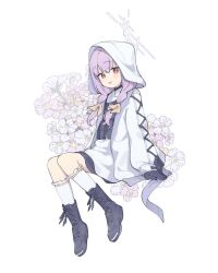 1girl atsuko_(blue_archive) black_boots black_gloves blue_archive blue_flower blush boots ebifried flower full_body gloves hair_between_eyes halo highres hood hood_up hooded_jacket jacket long_sleeves looking_at_viewer open_clothes open_jacket purple_flower purple_hair red_eyes ribbon simple_background sitting socks solo white_background white_socks yellow_ribbon