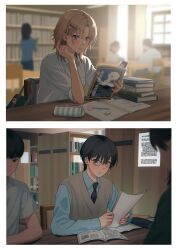 1boy 1girl absurdres bag bag_charm black_necktie blue_eyes blue_shirt blurry blurry_background book brown_sweater_vest charm_(object) earrings eraser glasses hair_ornament hairclip hetero highres holding holding_paper indoors jewelry library macaronk necktie open_book original paper pencil pencil_case people reading school_bag shirt short_hair sitting stud_earrings sweater_vest table