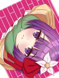 1girl aqpaca blush brick_floor closed_mouth flower from_above hair_flower hair_ornament hieda_no_akyuu highres japanese_clothes kimono light_frown looking_at_viewer looking_up purple_eyes purple_hair short_hair solo standing touhou