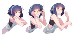1girl adjusting_eyewear alice_(raneblu) bandeau bare_arms blue_hair brown_eyes closed_mouth flying_sweatdrops freckles glasses hairband half-closed_eye highres looking_at_viewer multiple_views one_eye_closed open_mouth original raneblu round_eyewear scar sequential shirt short_hair sidelocks simple_background sleeveless sleeveless_shirt squeans upper_body white_background white_shirt wince