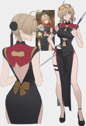 41097772s absurdres black_dress china_dress chinese_clothes clothing_cutout cutout_above_navel dress eyewear_on_head fingerless_gloves game_screenshot_inset gloves hair_over_one_eye hand_fan highres holding holding_fan pelvic_curtain single_fingerless_glove sunglasses sweety_(zenless_zone_zero) tinted_eyewear yellow-tinted_eyewear zenless_zone_zero
