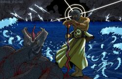 1boy belt belt_buckle buckle commentary dyeus_phter english_commentary green_robe grey_beard grey_hair highres hngis holding holding_sword holding_weapon monster ocean proto-indo-european_mythology robe sea_serpent seoh_officiall snake storm sword twitter_username waves weapon